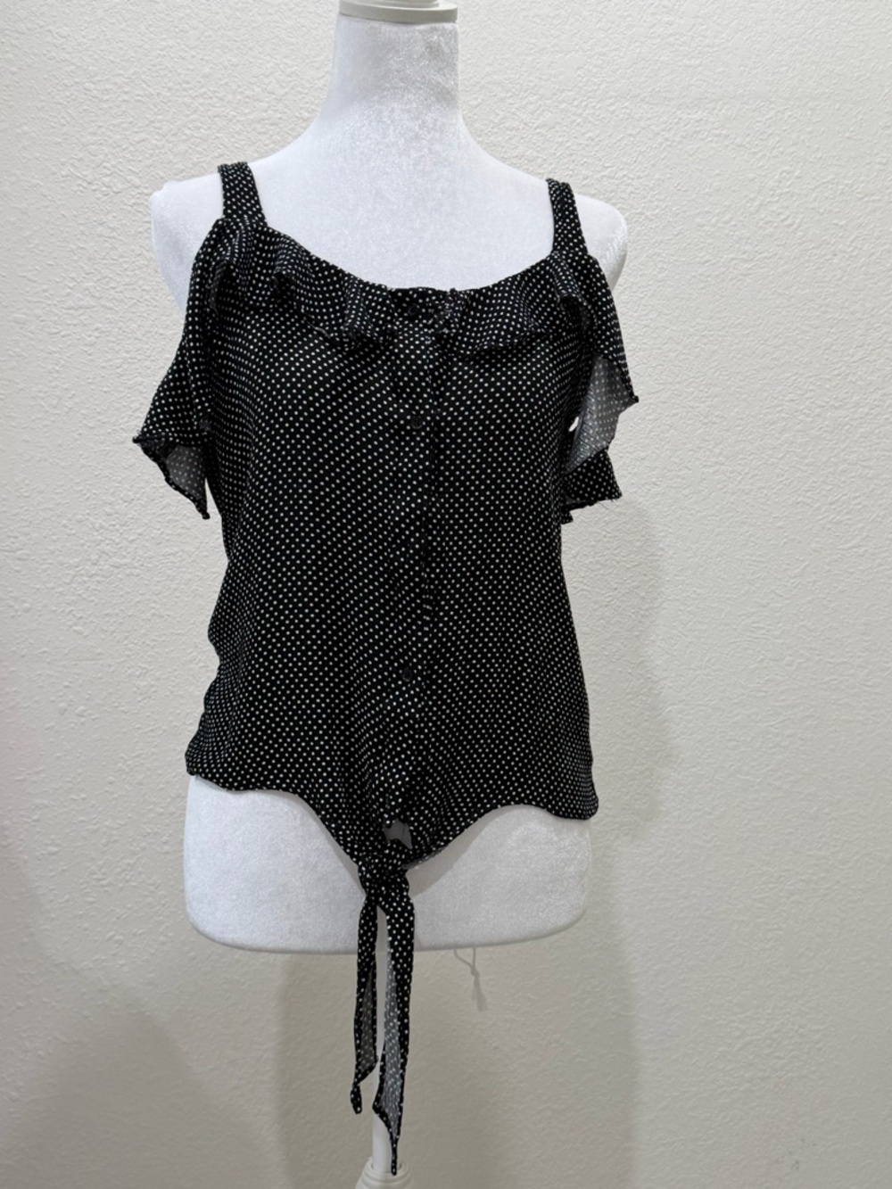 love, Fire Black & White Polka Dot Cold-Shoulder Tie-Front Camisole